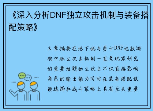 《深入分析DNF独立攻击机制与装备搭配策略》